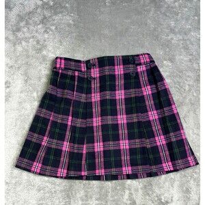 Mini Boden Plaid Wool Skirt Faux Wrap Pink Navy Sz 11-2 Y Pleated Lined Elastic